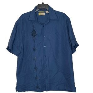 Cubavera Herenica Embroidered Button Down Shirt Women Large Short Sleeve Blue
